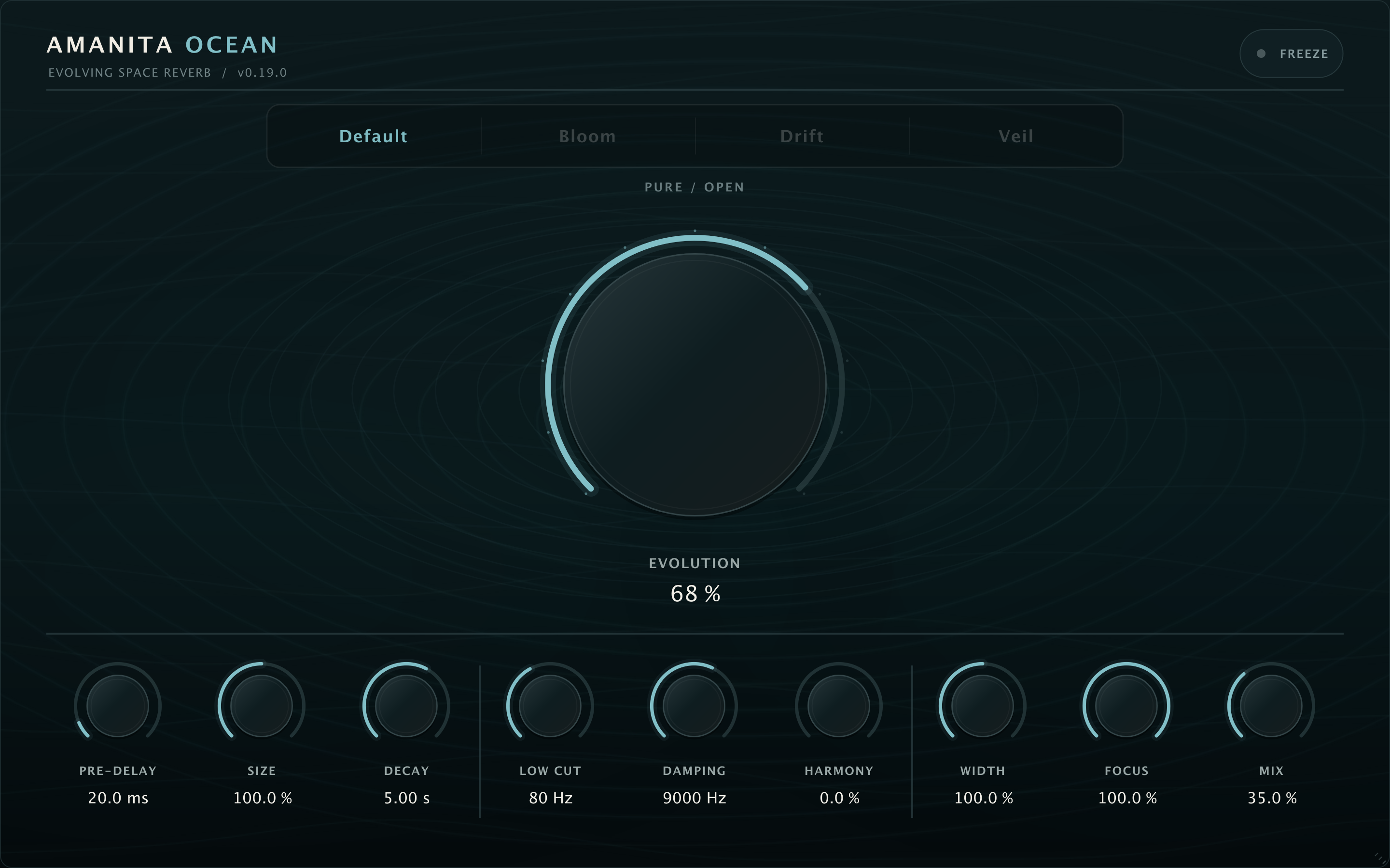 Amanita Ocean plug-in interface showing the Default character